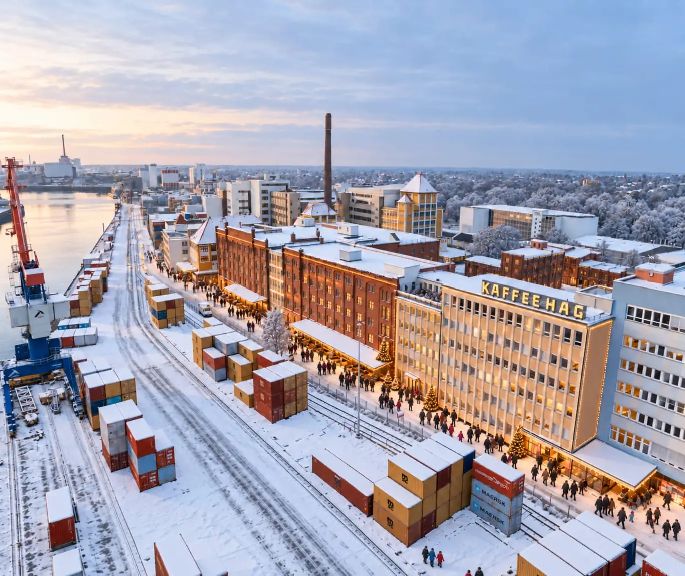 Das HAG‑QUARTIER am Fabrikenufer im Winter aus der Luft